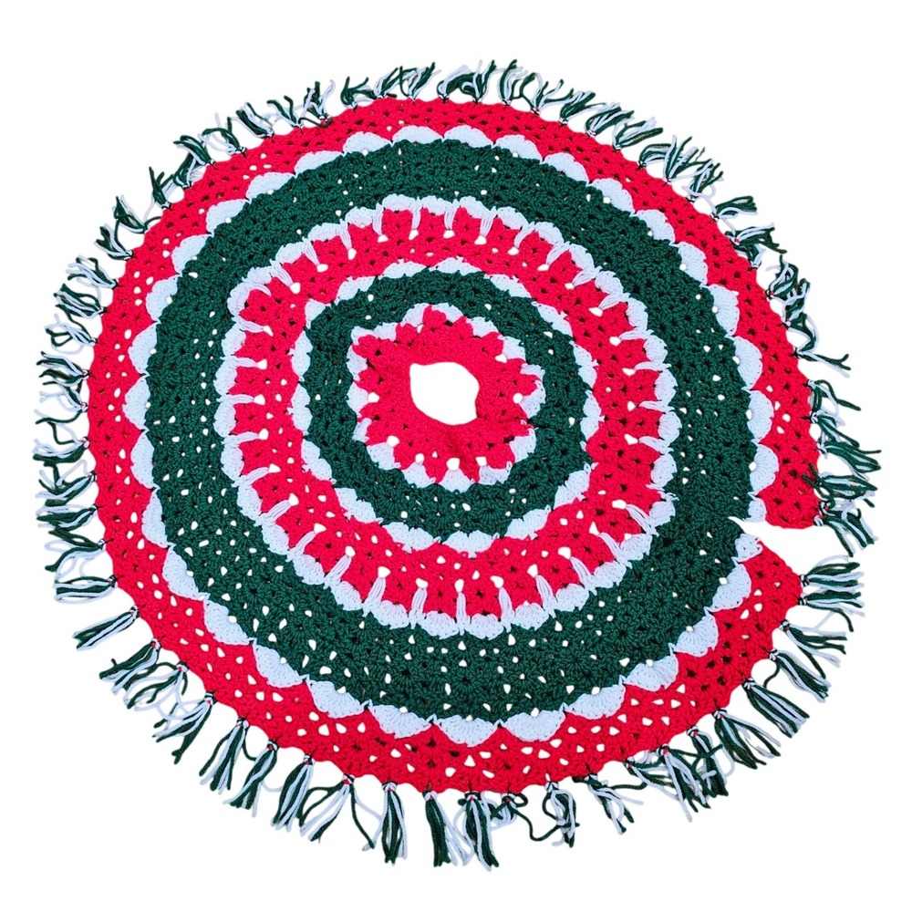 Vintage Handmade Crochet Christmas Tree Skirt Red Green White Tassel Fringe 32in